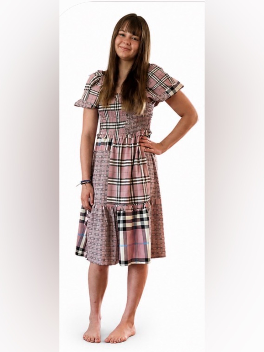 Sheena Pink Plaid Smocked Midi Dress Puff Sleeve Cottagecore Fits Medium
